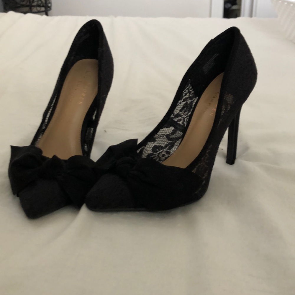 LC black lace high heels.